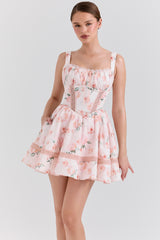 Peach Floral Rose Print Cotton Mini Dress