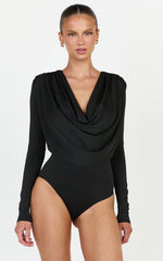 Cosette Bodysuit - Long Sleeve Cowl Neck Bodysuit in Black