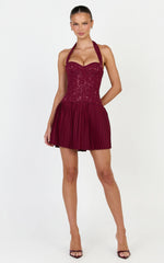 Malia Mini Dress - Lace Corset Bodice Pleated Skirt Halter Dress in Wine