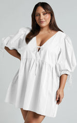 Rosita Mini Dress - Tie Front Puff Sleeve Dress in White