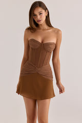 Bronze Shimmer Chiffon + Mesh Strapless Mini Dress
