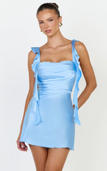 Belrose Mini Dress - Satin Square Neck Ruffle Front Bodycon Dress in Light Blue