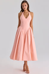 Peach Cotton Halter Neck Midi Sundress