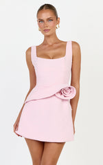 Vivienne Mini Dress - Square Neck Rosette Peplum Dress in Pink