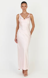 Adilah Maxi Dress - Cowl Neck Satin Dress in Light Pink