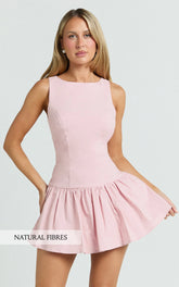 Izira Mini Dress - Boat Neck Drop Waist Shift Dress in Pink