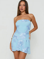 Meadow of Dreams Strapless Mini Dress Blue Floral Burnout