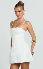 Monet Mini Dress - Button Down Ruched Front Fit And Flare Dress in Off White