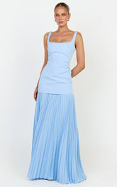 Sol Maxi Dress - Scooped Neck Contrast Pleated Dress in Light Blue