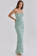 Jade Hand Beaded Embellished Strapless Maxi Dress