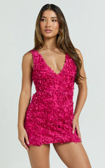Viola Mini Dress - 3D Floral Plunge Neck Dress in Pink