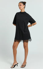 Rina Mini Dress - Mini Lace Trim Dress in Black