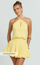 Violetta Mini Dress - Halter Neck Dropped Waist Fit and Flare Dress in Lemon