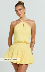 Violetta Mini Dress - Halter Neck Dropped Waist Fit and Flare Dress in Lemon