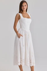 White Floral Broderie Anglaise Cotton Midi Dress
