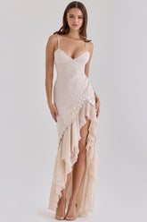 Almond Georgette Hand Beaded Shell Embellished Maxi Dress - Limited Edition
