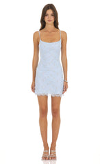 Beaded Lace Mini Dress in Light Blue