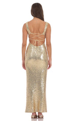 Sequin Square Neck Fitted Maxi Dress in Gold