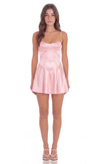 Satin Lace-Up Mini Dress in Pink