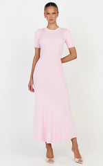 Lanie Midi Dress - Knitted Crew Neck Short Sleeve Dress in Pink