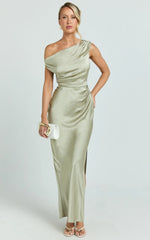 Laurie Maxi Dress - One Shoulder Ruched Dress in Light Olive