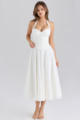 White Stretch Cotton Halter Neck Midi Dress