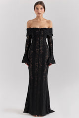 Black Off Shoulder Floral Lace Maxi Dress