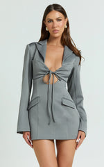 Jamaica Mini Dress - Cut Out Ruched Tie Front Fitted Blazer Dress in Grey