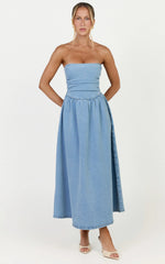 Isabella Midi Dress - Denim Strapless Ruched Dress in Mid Blue Wash