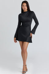 Black Satin Long Sleeve Mini Dress