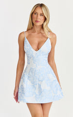 Gianni Mini Dress - Plunge A Line Low Back Dress in Light Blue