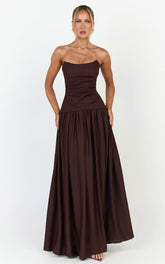 Marlowe Maxi Dress - Strapless Gathered Bodice Fit And Flare Dress in Chocolate