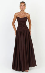 Marlowe Maxi Dress - Strapless Gathered Bodice Fit And Flare Dress in Chocolate