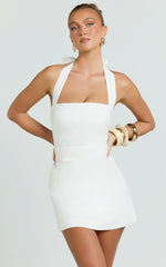 Tamika Mini Dress - Halter Neck Gathered A Line Mini Dress in Off White