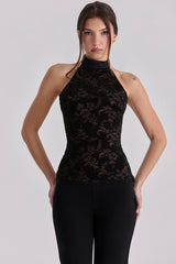 Black Lace High Neck Top With Detachable Bow