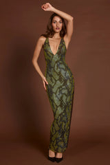Embellished Halterneck Maxi Dress in Green Snake