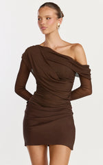 Cyra Mini Dress - Long Sleeve Drape Overlay Dress in Chocolate