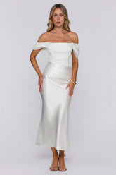 Love Looks Good Lace Satin Off Shoulder Maxi Dress White