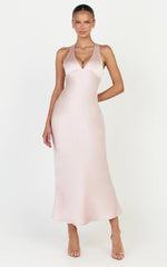 Khalani Midi Dress - Deep V Neck Satin Slip Dress in Light Pink