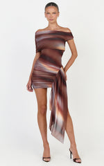 Lucienne Mini Dress - Asymmetric Off Shoulder Gathered Draped Sash Dress in Aurora Print