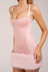 Satin Square-Neck Corset Faux-Fur Mini Dress in Blush Pink