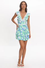 Charade Ruffle Shoulder Corset Back Dress Floral Green