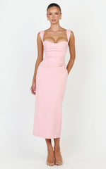 Kenna Midi Dress - Gathered Bust Tucked Waist Dress in Pink