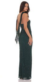 Sequin Scarf Lace Maxi Dress in Green