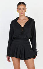 Melanie Mini Dress - Tie Front Long Sleeve Shirt Dress in Black
