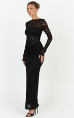 Skye Maxi Dress - Lace Long Sleeve Draped Waist Dress in Black