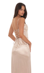 Satin Ruffle Maxi Dress in Champagne