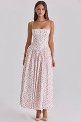 White Rose Print Cotton Midi Sundress