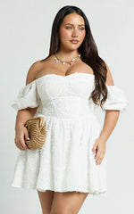 Esthela Mini Dress - Embroidered Square Neck Short Puff Sleeve Corset in White Floral