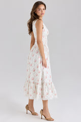 Rose Print Stretch Cotton Lace Up Midi Dress